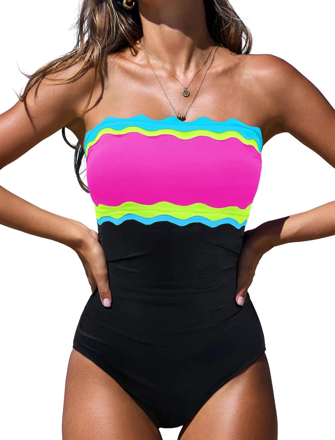 popvil One Piece Swimsuits for Women Tummy Control Strapless Bathing Suits 2026 Neon Bandeau Swimwear