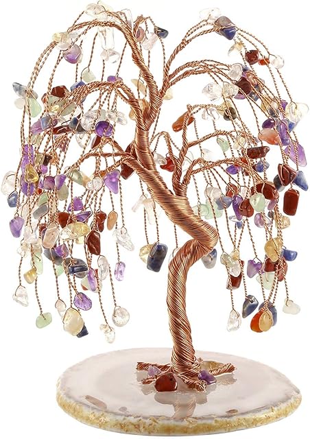CrystalTears Feng Shui Money Tree Natural Chakra Healing Crystal Money Tree Tumbled Gemstone Tree Of Life Ornament Figurine for Wealth Good Luck 5.5"-6.3"