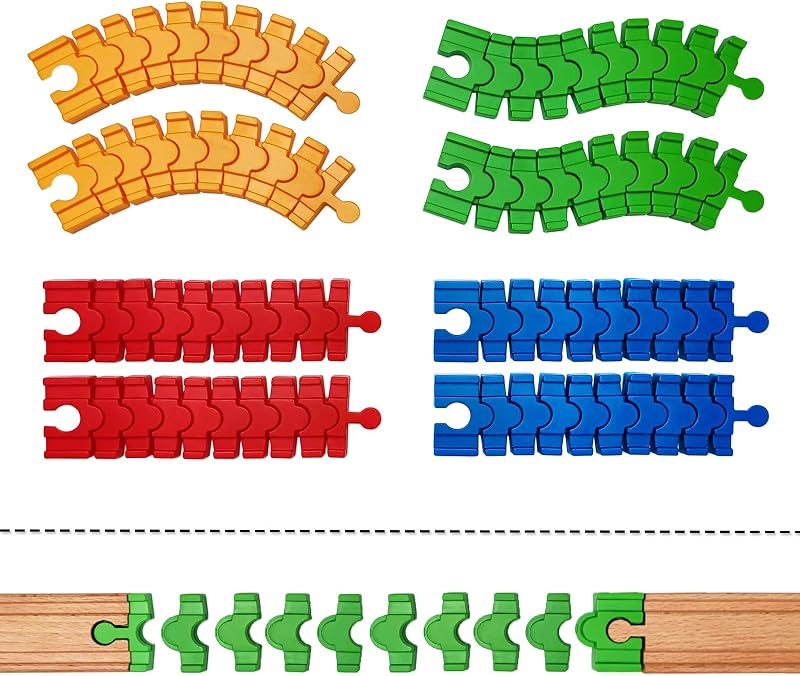 Wooden Train Track Accessories, 8 Pack Colorful Flexible Track Compatible with All Major Brands Train Track, Christmas Birthday Gift for Boys Girls, Train Toys Expansion Pack for Kids Ages 3+