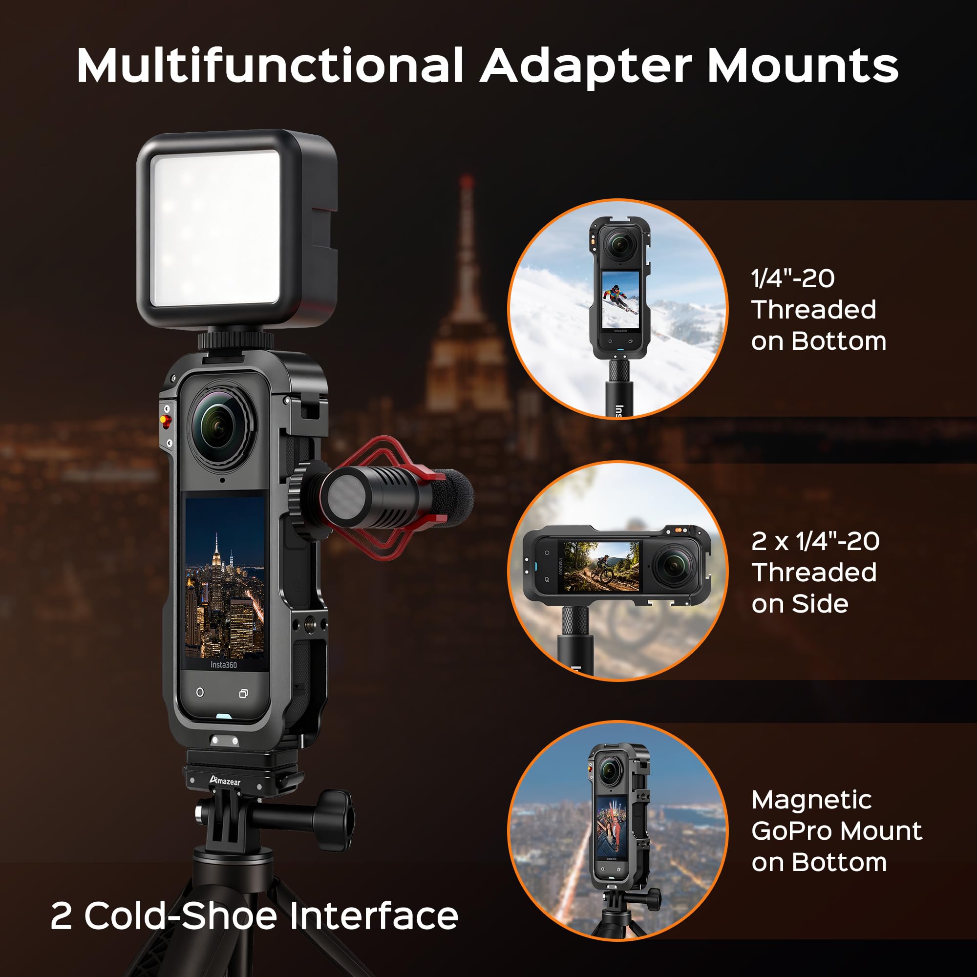Amazear Custodia protettiva in metallo per accessori Insta360 X5, telaio multifunzione Insta 360 X5, struttura in alluminio con blocco a sgancio rapido, vari supporti di espansione