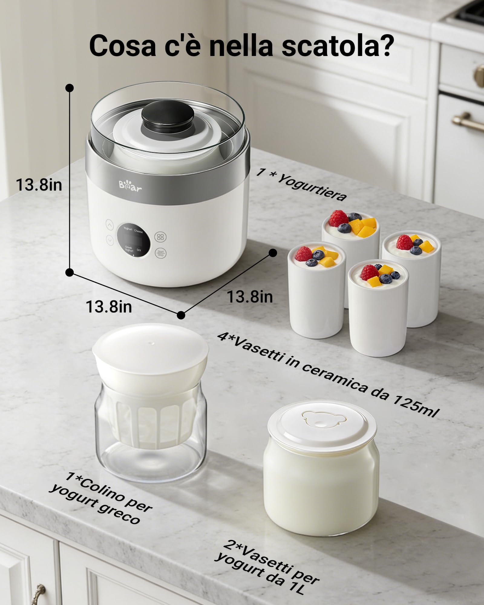 Bear Yogurtiera e casara per formaggio fresco, inclusi 4 tazze porzionate in ceramica da 125 ml, 2 contenitori in vetro XXL da 1 litro e 4 programmi preimpostati per yogurt greco e formaggio