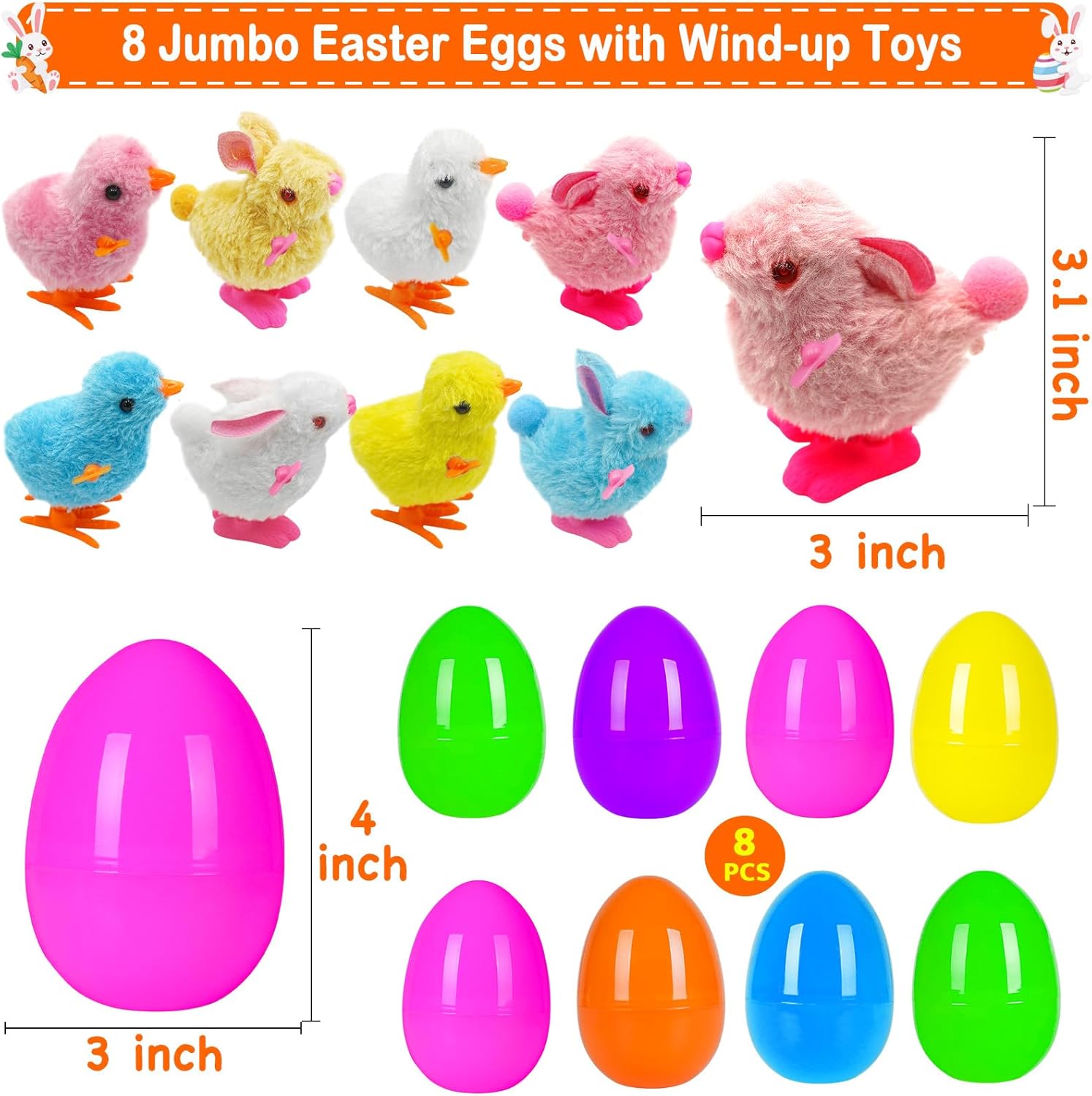 8 Pack Jumbo 4" Easter Eggs Filled Wind-up Toys, Colorful Wind Up Jumping Bunnies Chicks for Kids Boys Girls Easter Hunt Filling Treats Basket Stuffers Easter Party Favors