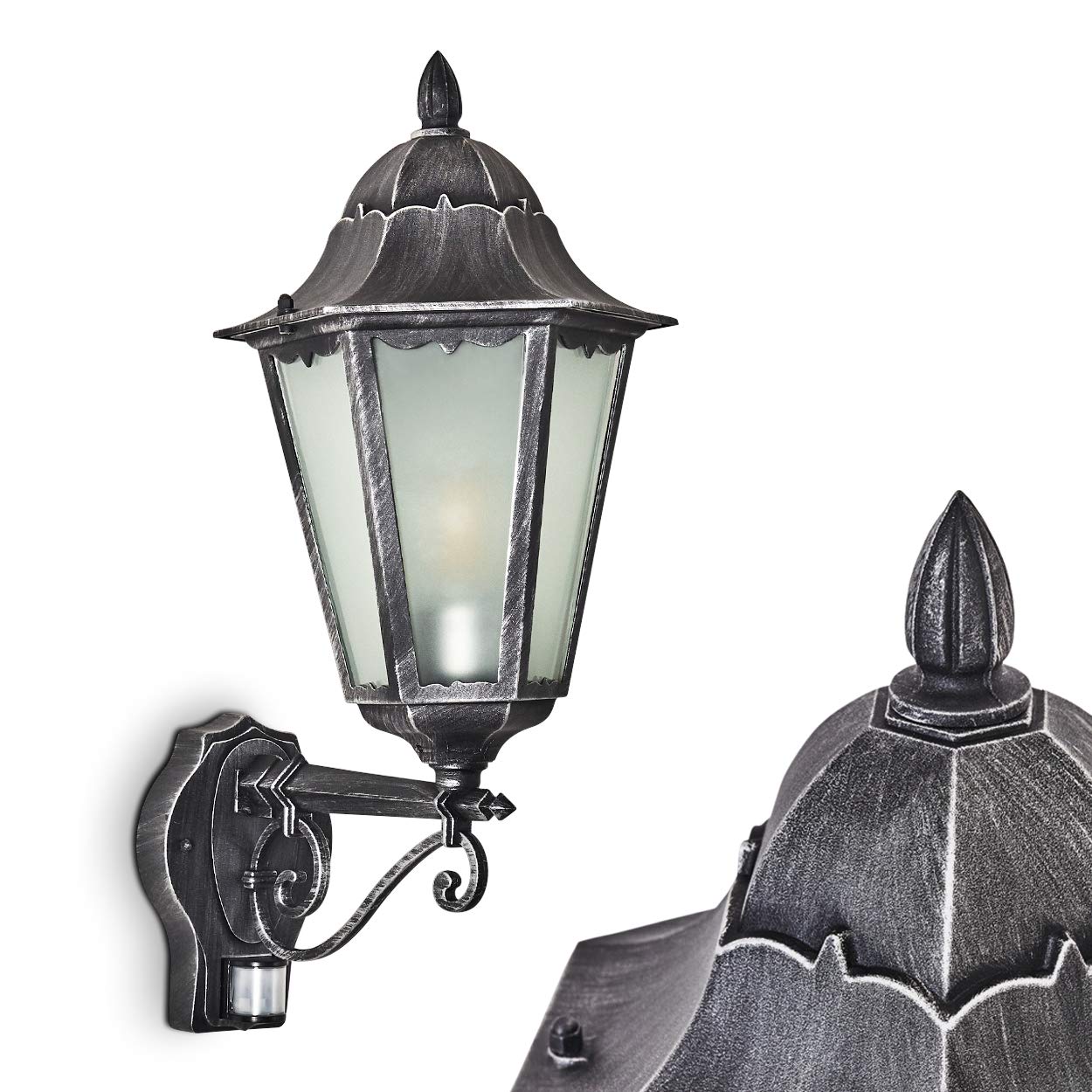 Hofstein Black Outdoor Wall Lamp Lignac Frost With Motion Detector, Wall Lamp Upwards In Antique Look, Cast Aluminium In /Silver With Frosted Glass Panes, Wall Lamp For Patio/Yard E27-Socket, Without Bulb