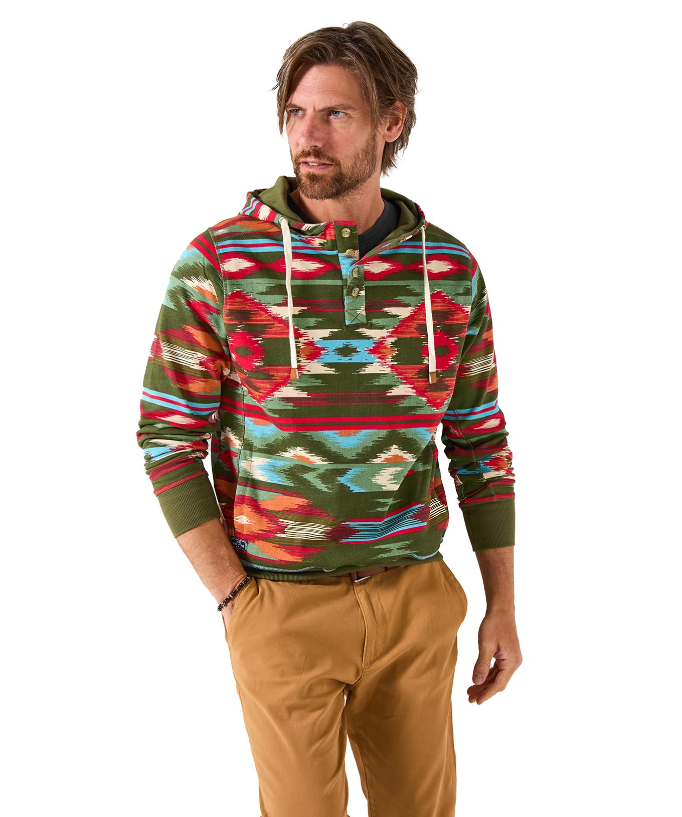 Joe Browns Male Aztec Print Contrast Hoodie, Regular, Green, UK XXL