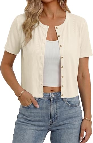 Gleeneat Short Sleeve Button Down Up Cardigan Summer Cropped Light Sweaters | Lightweight Ribbed Going Out Crop Tops for Women Cardigan Shirt For Dress 2026 Trendy Clothes Outfits