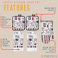Vista 2 de Juego de ropa de cocina de 5 piezas, 2 toallas de algodón, 2 agarraderas, 1 guante de horno con lazo para colgar, material 100% algodón en la parte