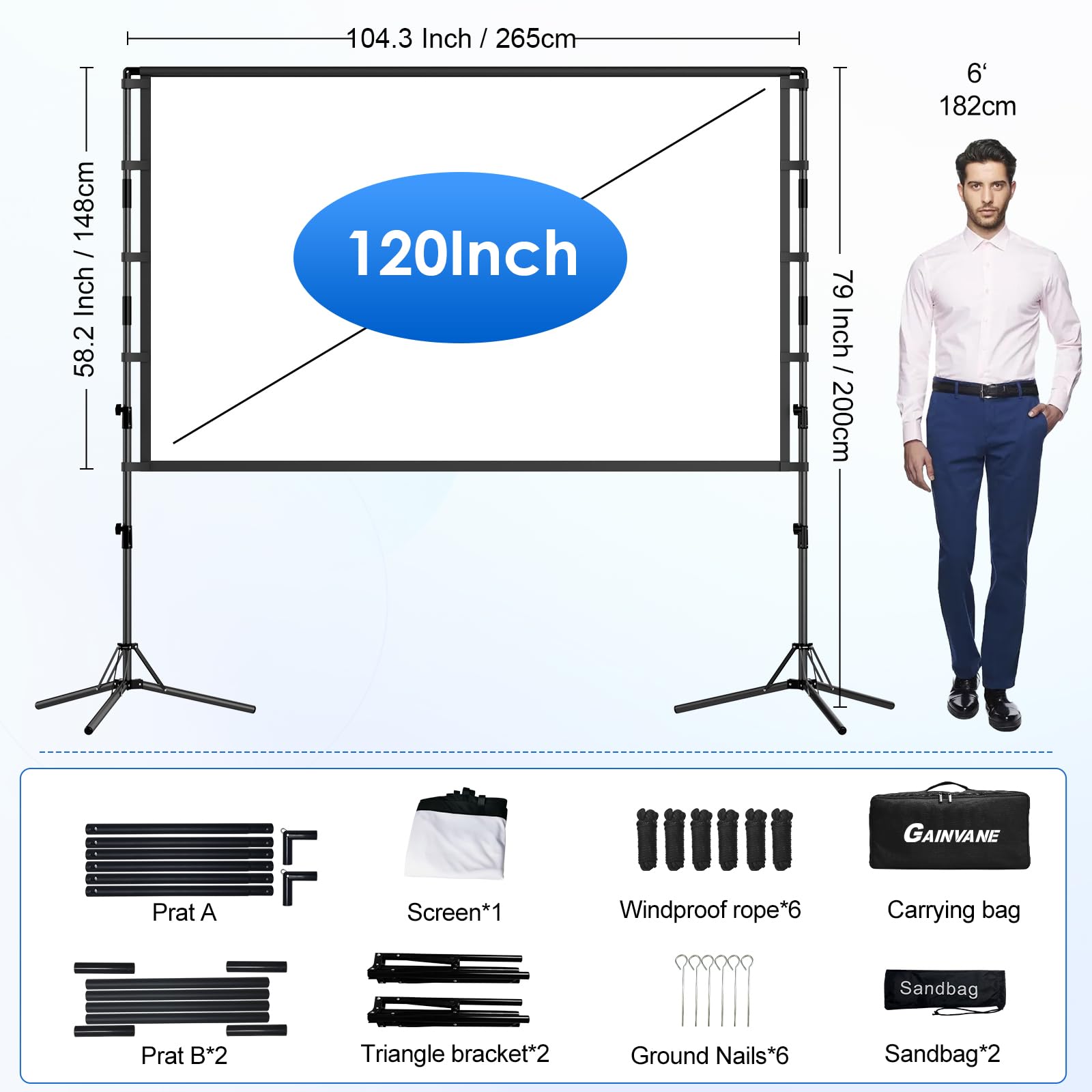 GAINVANE Écran de projection portable 120" 4K HD infroissable et léger avec support 16:9 pour intérieur et extérieur, écran de film sans plis en polyester mat, montage au sol, projection avant