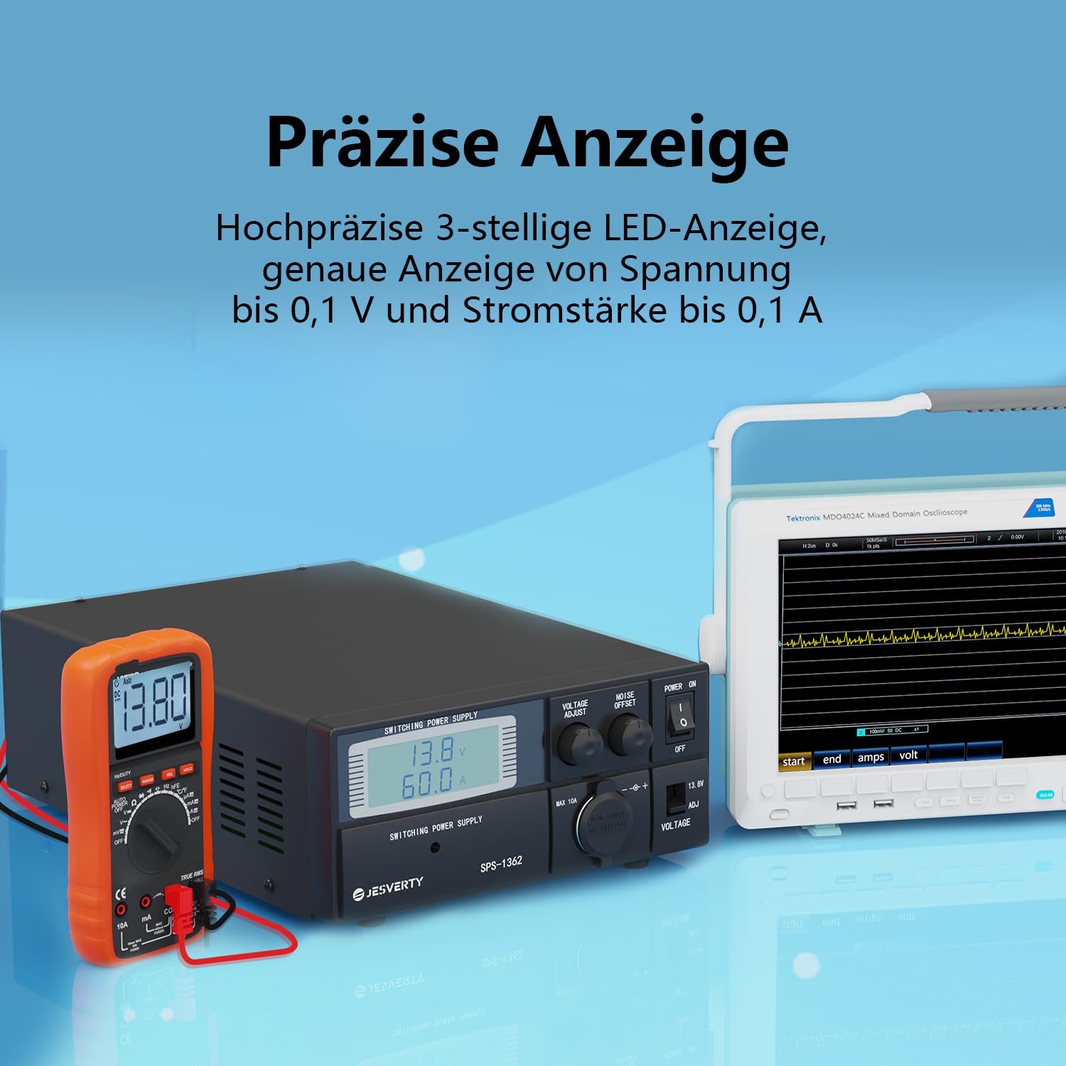 Universelles kompaktes Tischnetzteil – 60 Ampere geregelter Wechselstrom-Gleichstrom-Wandler für Heimlabore, 13,8 Volt, Lüfter, Schraubklemmen – Jesverty SPS-1362