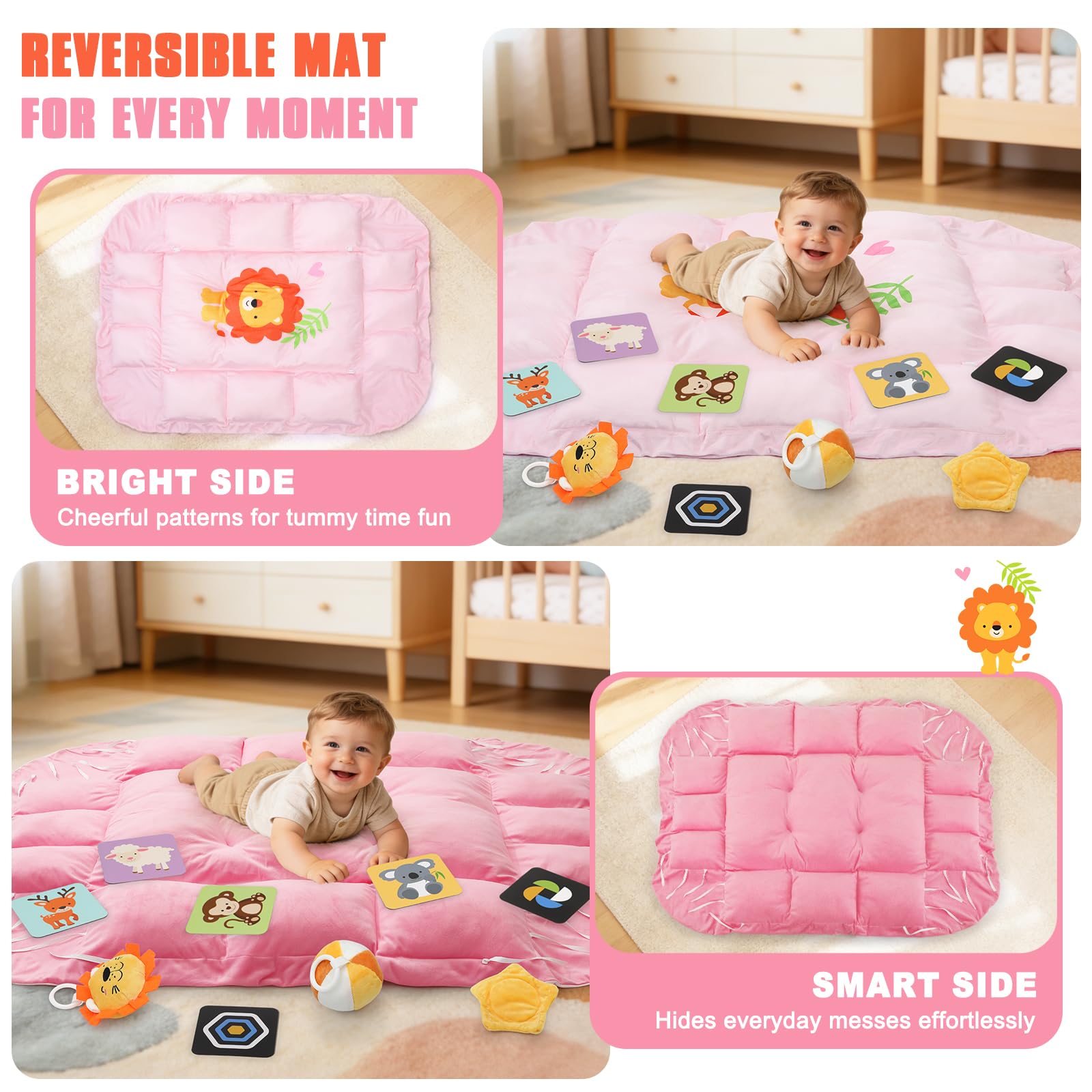 5-in-1 Bauchzeitmatte Baby Activity Gym mit Cartoon-Muster, extra dicke Plüsch-Spielbodenmatte, mit hängenden Spielzeugen, sensorischer Entwicklungs-Fitness-Studio & schönes Geschenk für Neugeborene