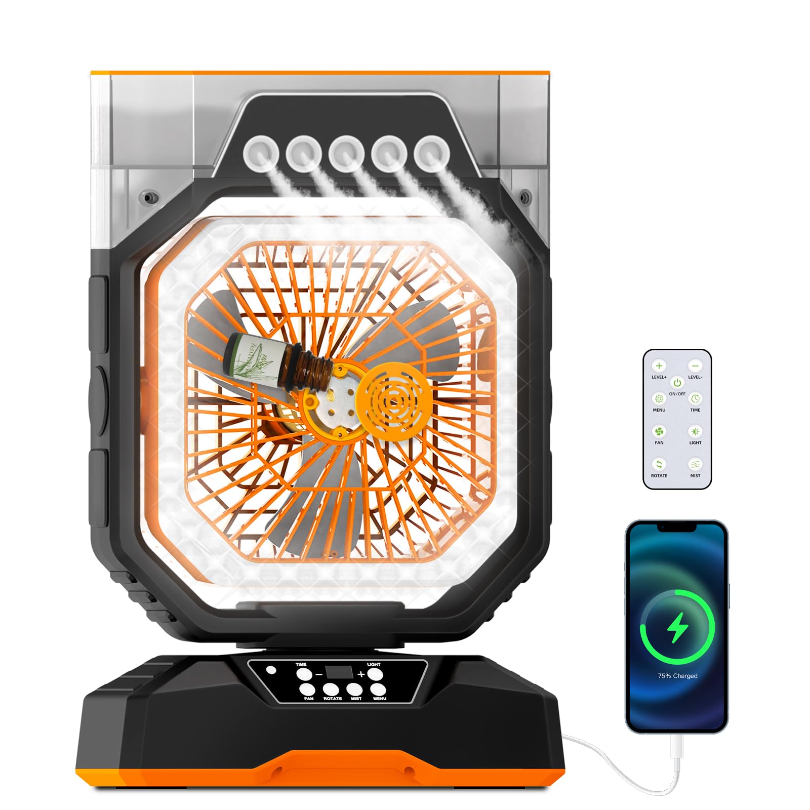 Ventilateur brumisateur rechargeable pour camping et maison - Ventilateur de refroidissement portable à 6 vitesses avec brume réglable, boîte d'aromathérapie, minuterie de 8 heures, batterie à charge