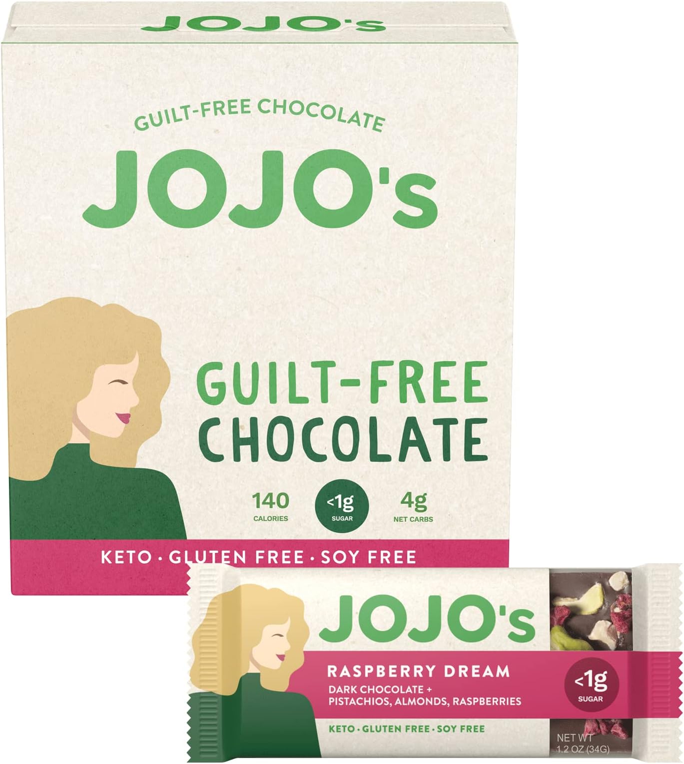 JOJO's Dark Chocolate Bars Made with Hemp, Plant Based Protein, Sugar Free, Low Carb, Vegan, Paleo & Keto Friendly, Healthy Snack, Raspberry Dream, 1.2oz Bar (12 Count Box)