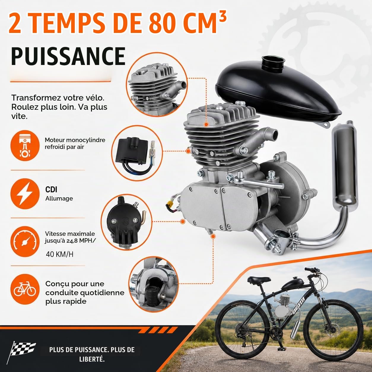2 Temps Kit Moteur Velo,80CC Kit Moteur de Vélo,Capacité Charge Maximale180kg Silencieux 75dB,Convient à Vélos de Montagne de 26 ou 28 Pouces, Vélos de Route