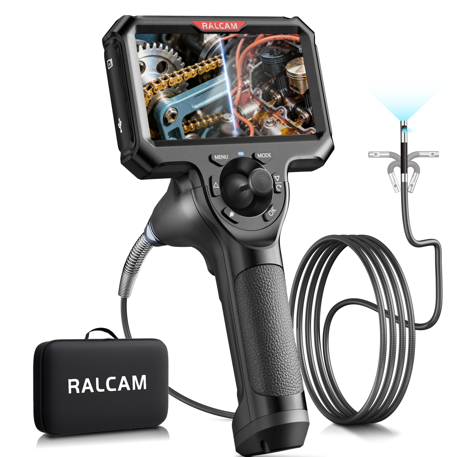 Ralcam Endoscope Camera with Light, Endoscope Camera with 360° Movable Head, 5 Inch HD Display, Inspection Camera IP67 Waterproof, Tube Camera Semi-Rigid ⟮6.5 mm Dual Probe/1.5 M⟯