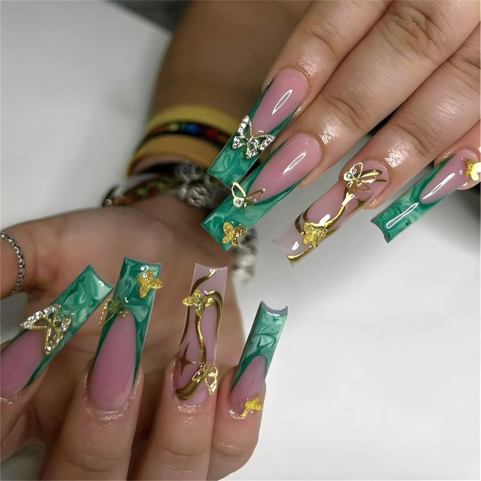 IMSOHOT Press on Nails Long Square Fake Nails Green Wave French Tips False Nails with Golden Butterfly Charms Designs Glossy Acrylic Gel Squoval Nail