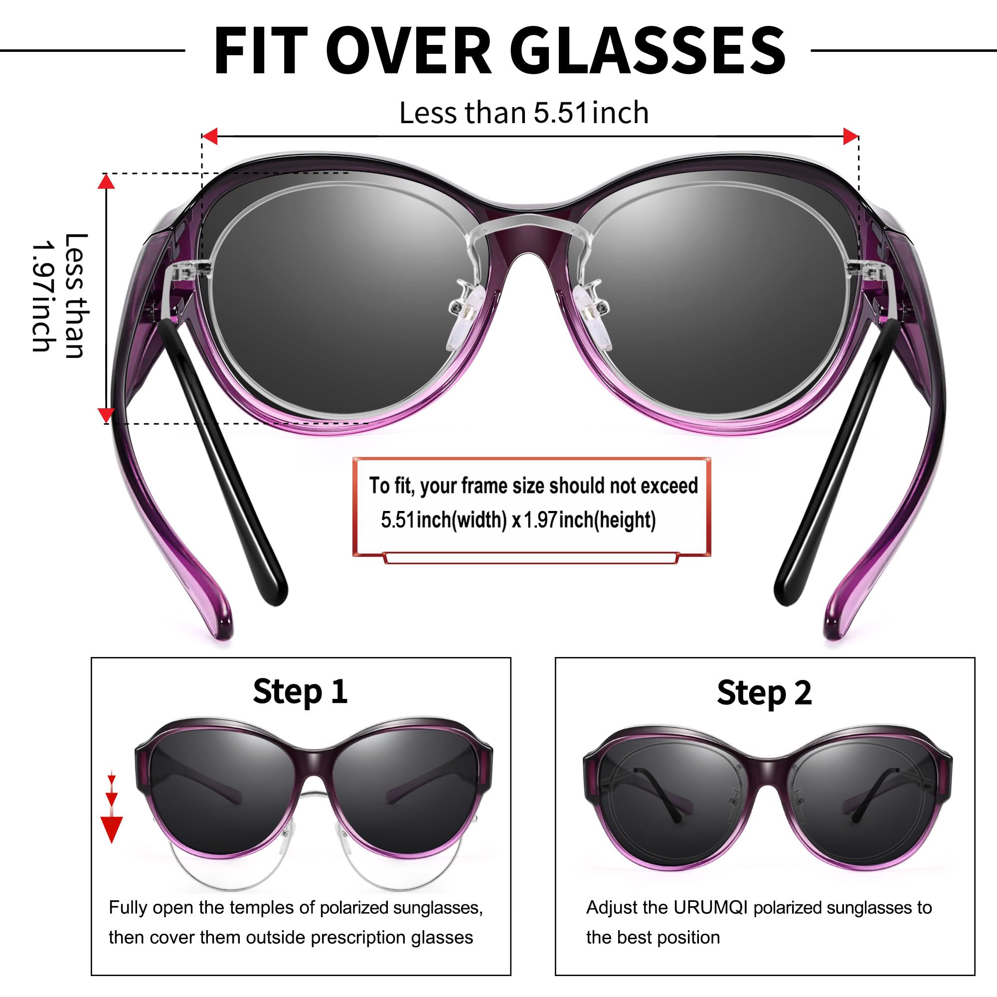 URUMQI Sonnenbrille für Brillenträger Damen Überzieh Sonnenbrille UV400 Schutz Blendschutz Polarisierte Fit over Brille Ultra Leicht Katzenauge Lila Rahmen