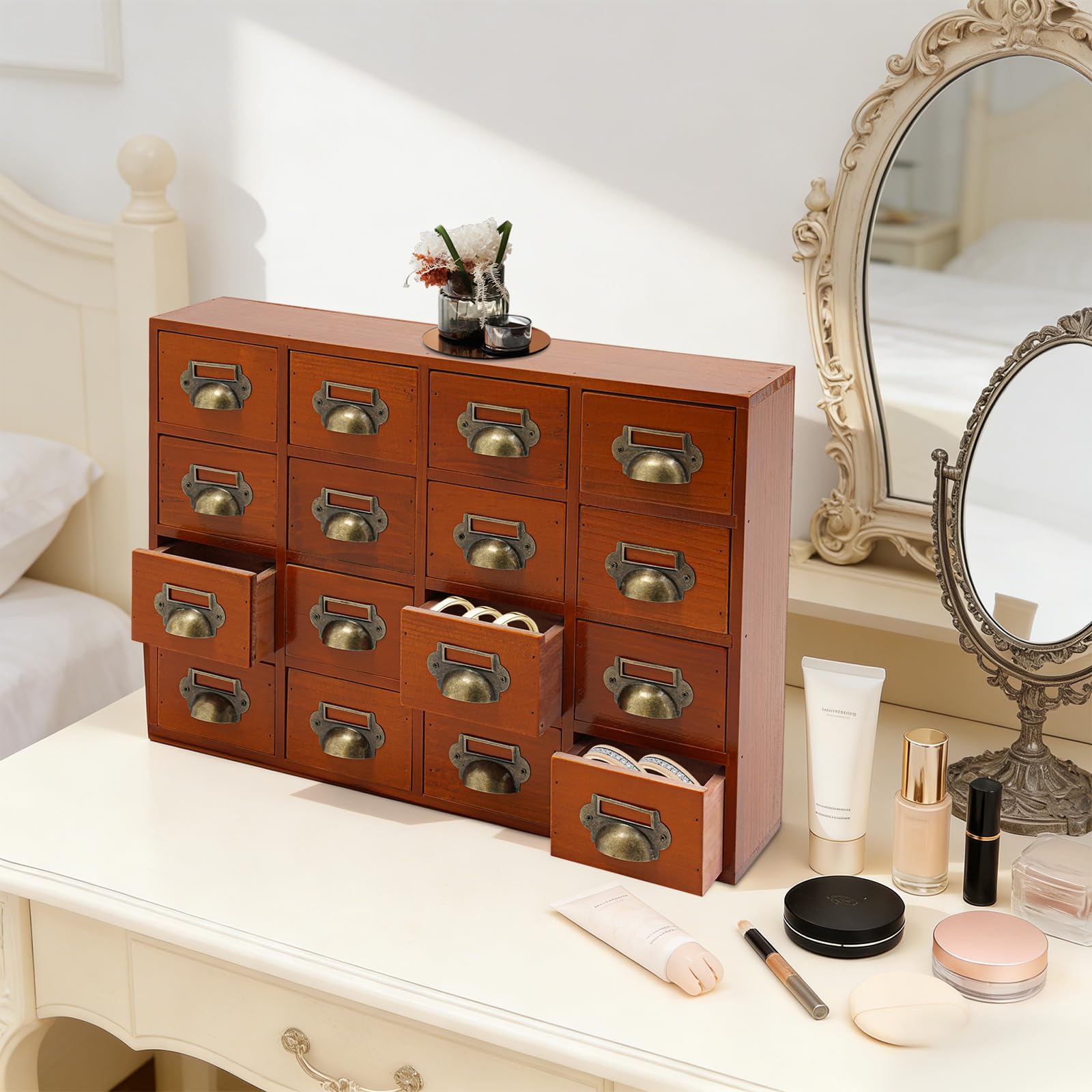 Schreibtisch Organizer 16 Schubladen Aus Holz, Kommode Mit Schubladen Für Schreibtisch & Büro, Organizer Schublade 50x10x35cm Mit Muschelgriff Für Kosmetik & Schmuck