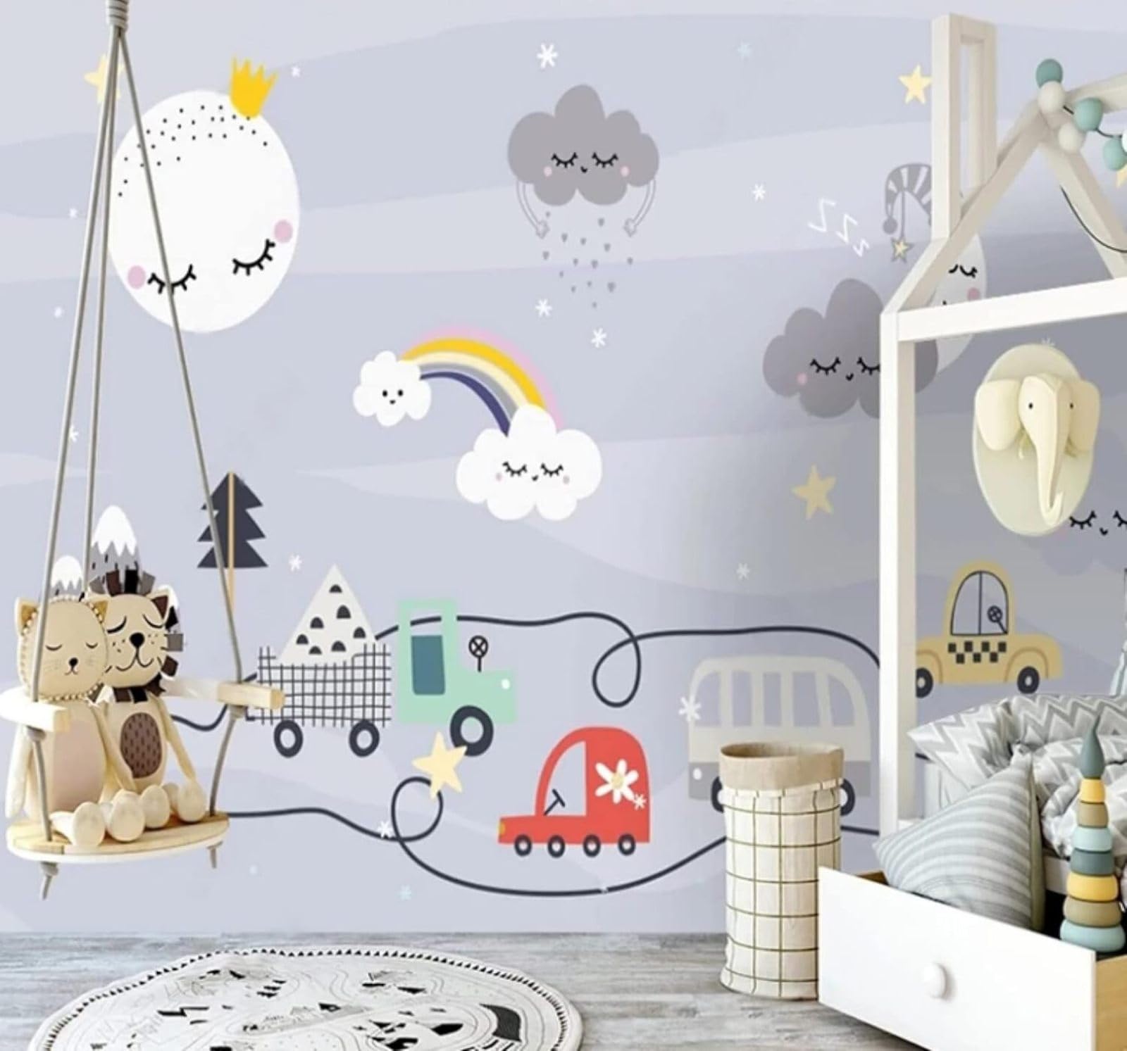 XLMING Cartoon Sky Rainbow Car Landscape 3D Wallpaper Luxury Home Dining Decor Paste Sofa Living Room The Wall for Bedroom Mural-250cm×170cm