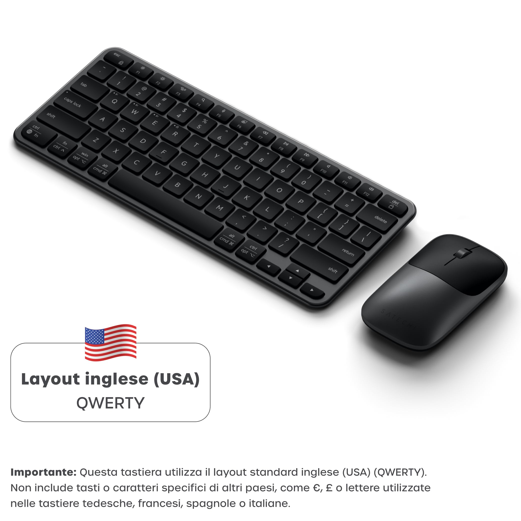 Satechi Combo Tastiera e Mouse Wireless Slim CEX1, QWERTY US, Nero | Layout Americano, Bluetooth multi-dispositivo, ricevitore USB-C, per Mac, Windows e altro