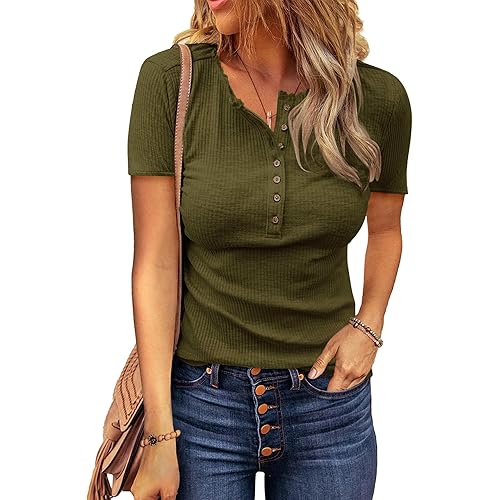 BTFBM Women 2024 Summer Henley Tunic Top V Neck Short Sleeve Button UP Solid Slim Fit Casual Ribbed Knit Shirt Blouses