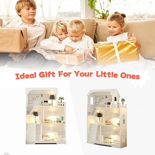 Miniatura 8 de Estantería de madera para casa de muñecas, 3 niveles para niños, para libros y juguetes, organizador de almacenamiento, casa de muñecas grande para