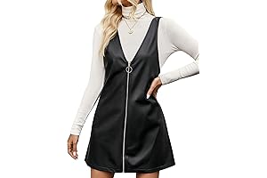 Women's PU Leather Sleeveless V Neck Zip Up Overall Dress