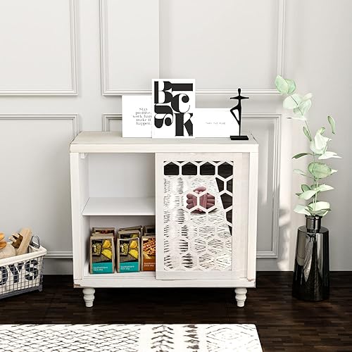 Miniatura 4 de HOMPUS Armario decorativo con puertas y estantes estampados, aparadores rústicos de buffet con puertas de espejo, armario de almacenamiento, barra