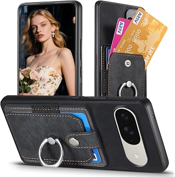 for Google Pixel 10/10 Pro Case with Card Slots & 360 Rotate Ring Holder, Slim PU Leather Magnetic Closure Wallet Shockproof Protective Cover with Kickstand for Pixel 10 Pro SJZ Black