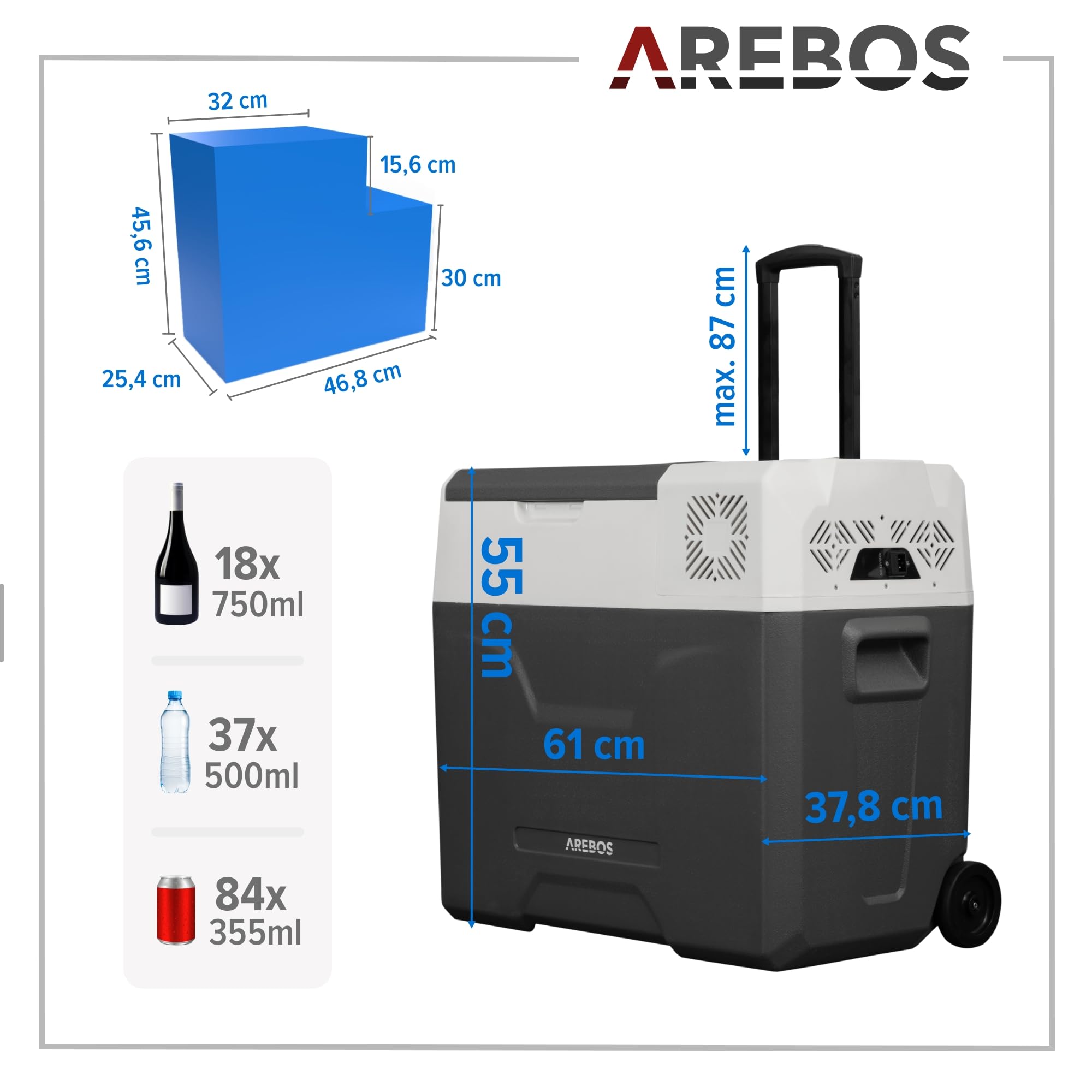 Arebos Kompressor Kühlbox 47L Elektrische Gefrierbox mit APP & Smart-Steuerung Kühl- und Wärmefunktion 12/24V 230V