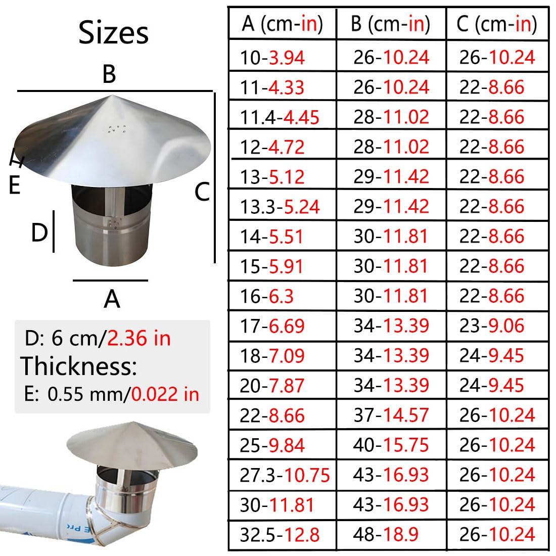 Stal nierdzewna Nasada kominowa 0.55mm Gruby Wentylacja Daszek do Rury pieca Deszcz Osłona do Kominy 9.84in Nasada wentylacyjna dachowa Odporna na warunki atmosferyczne Projekt