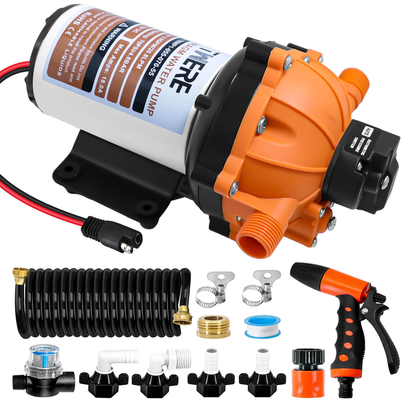 Upgraded 5.5 GPM 70 PSI Washdown Deck Wash Pump Kit, 12V Washdown Pump Kit,5 Chamber Self-Priming RV Fresh Water Pump for RV,Boat,Sprayer,Travel Trailers,and Yacht