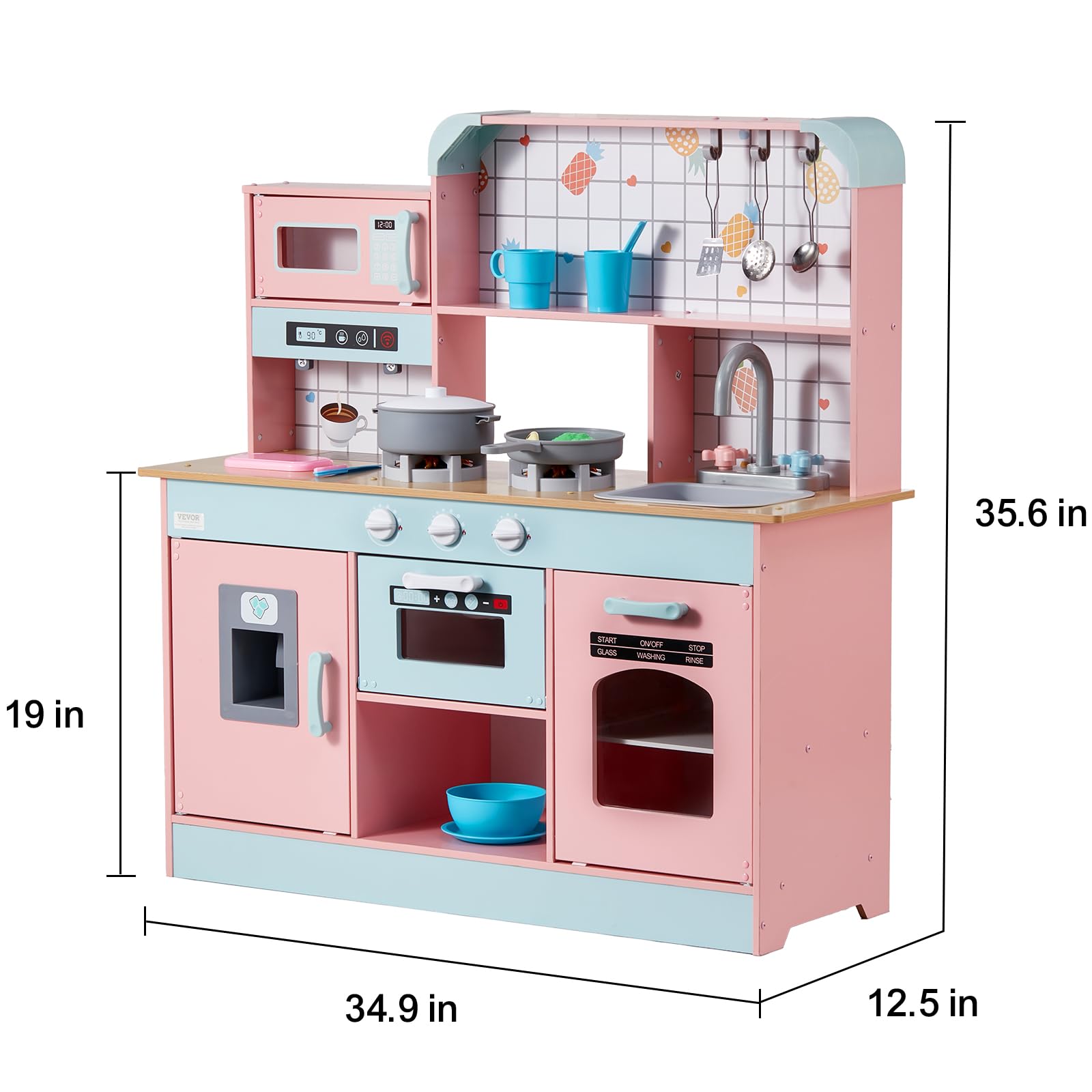 VEVOR Giocattolo Cucina per Bambini, Set Giocattolo da Cucina per Bambini in Legno con Luci Suoni Macchina per Ghiaccio Forno Lavello Microonde Frigorifero Utensili, Giocattolo Cucina, 24 pz, Rosa