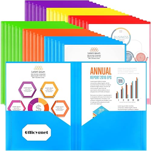 Officygnet Paquete de 36 carpetas de 2 bolsillos con bolsillo frontal transparente, carpetas de plástico a granel para suministros de oficina