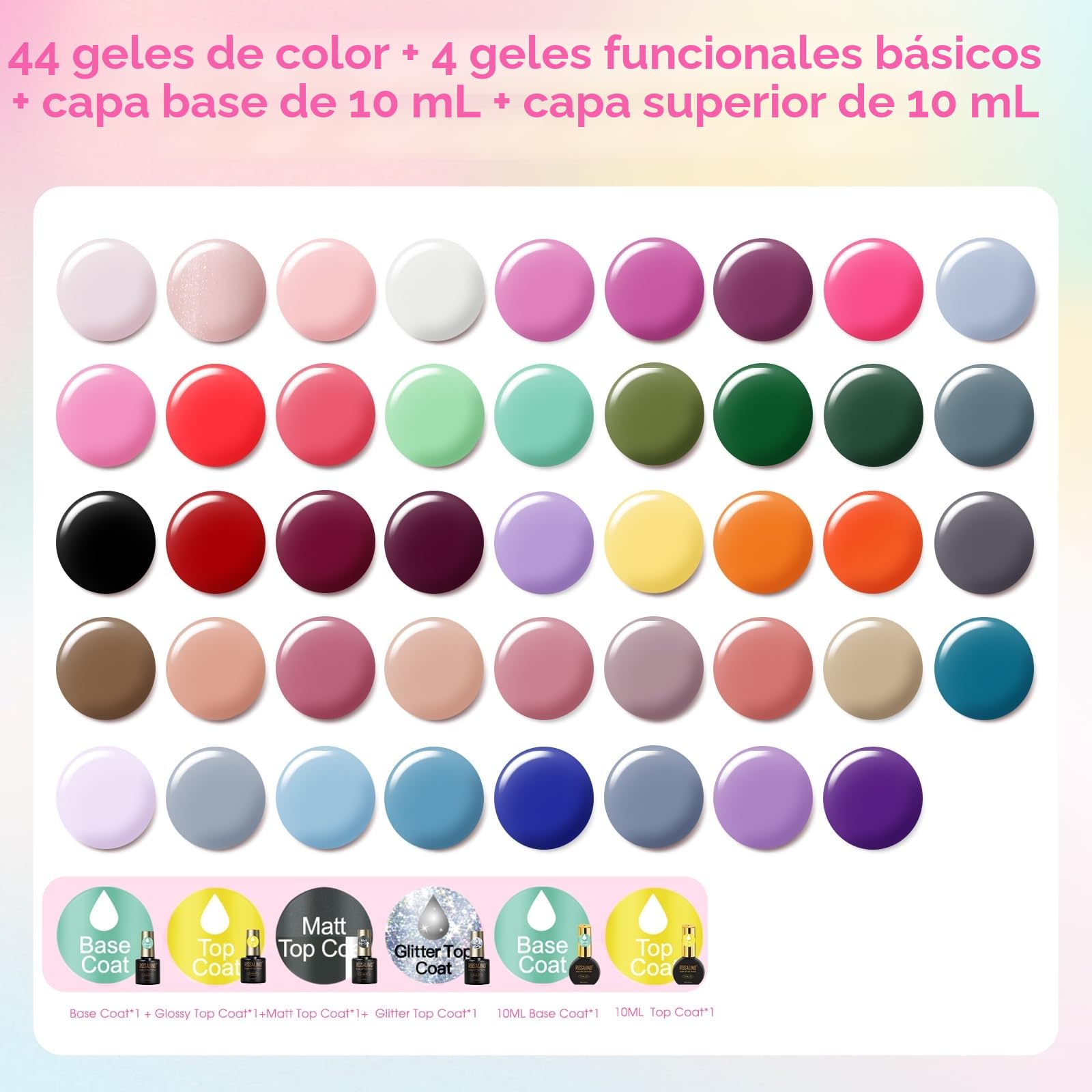 ROSALIND Uñas Semipermanentes Kit Completo Lámpara 48W, 44+4 Piezas Kit Uñas Semipermanentes Rosa Verde Rojo Azul Morado Gris Pintauñas Gel Manicura Regalo