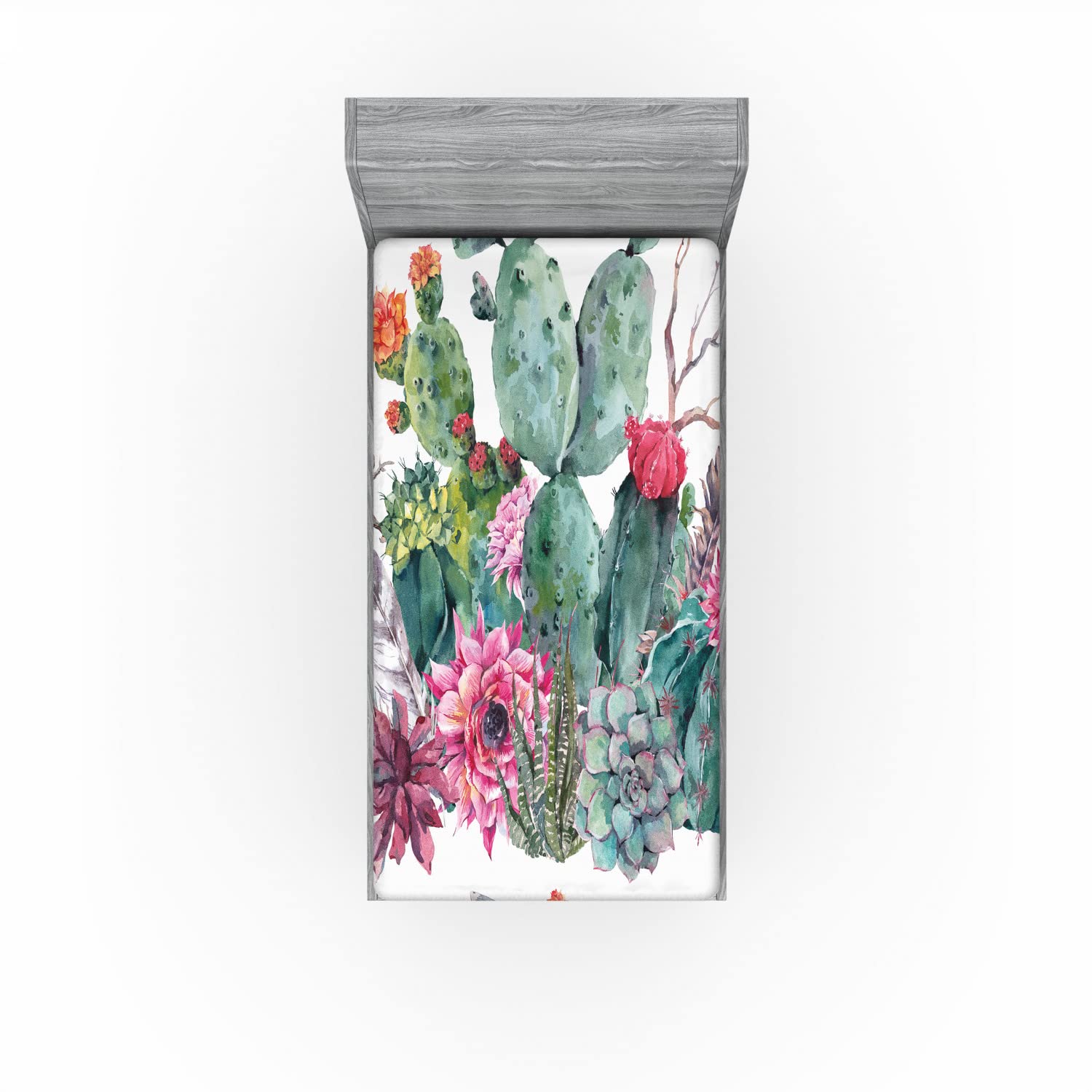 Ambesonne Cactus 2 Pack Fitted Sheet, Bouquet in Boho Style Arrow, Bed Cover All-Round Elastic Deep Pockets 2 Pieces, Package Contains 2 Twin Size Fitted Sheets, Pink Green