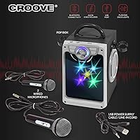 Vista 4 de Croove Máquina de karaoke recargable para niños, incluye 2 micrófonos con luces de disco intermitentes, Bluetooth, puertos AUX y USB, máquina