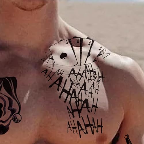 Miniatura 4 de 8 hojas de tatuajes de Joker, basuwu de tamaño grande, impermeables, para Halloween, todas las versiones, se ven reales y duran mucho tiempo,