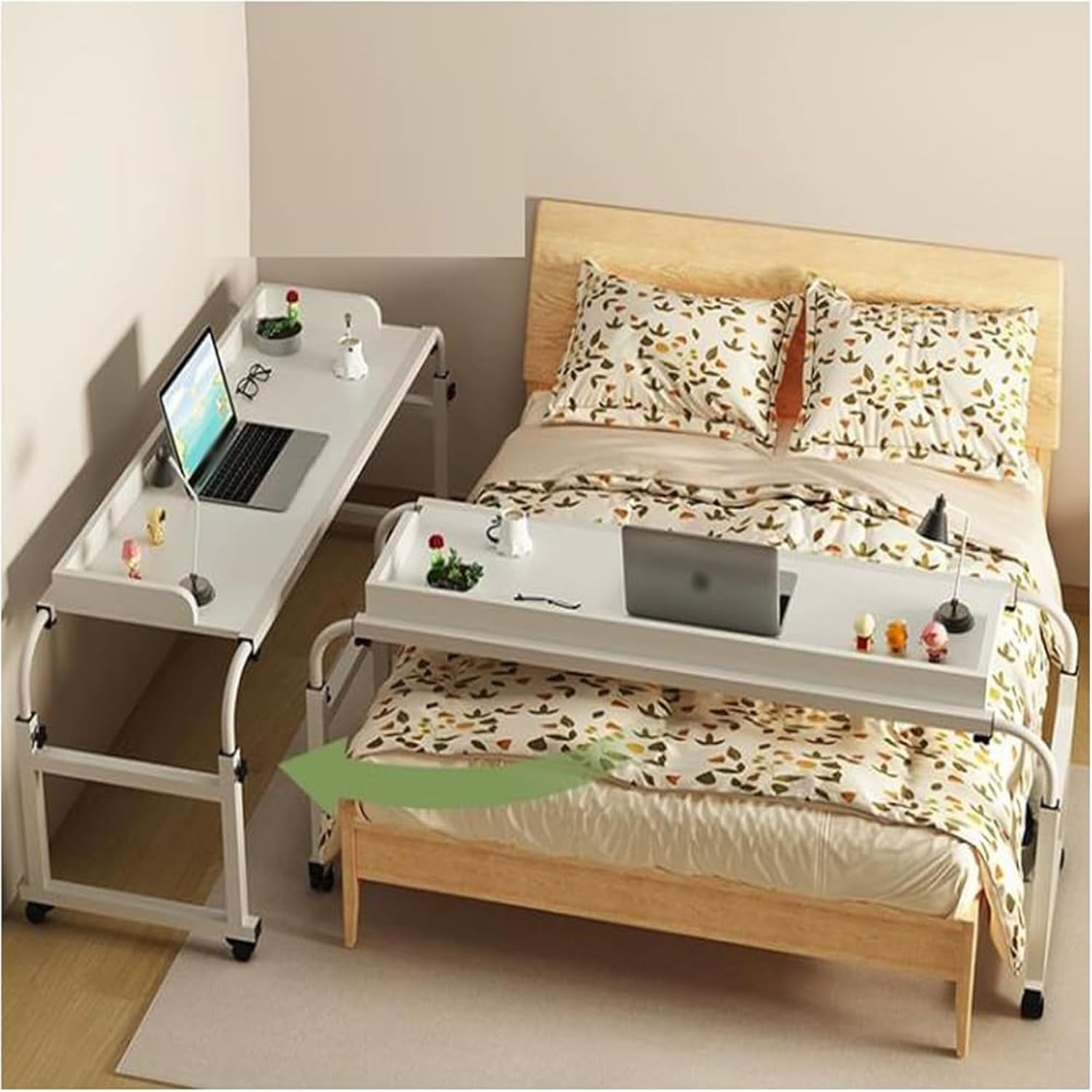 Mesas de Cama con Ruedas, Altura Ajustable para Silla de Ruedas, Bandeja para portátil, Escritorio Grande con Ruedas (Color: Madera+)