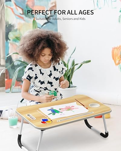 Miniatura 3 de Mesa plegable para laptop, bandeja portátil para mesa de cama, soporte para laptop con soporte para tazas, ranura para tableta y asa de elevación