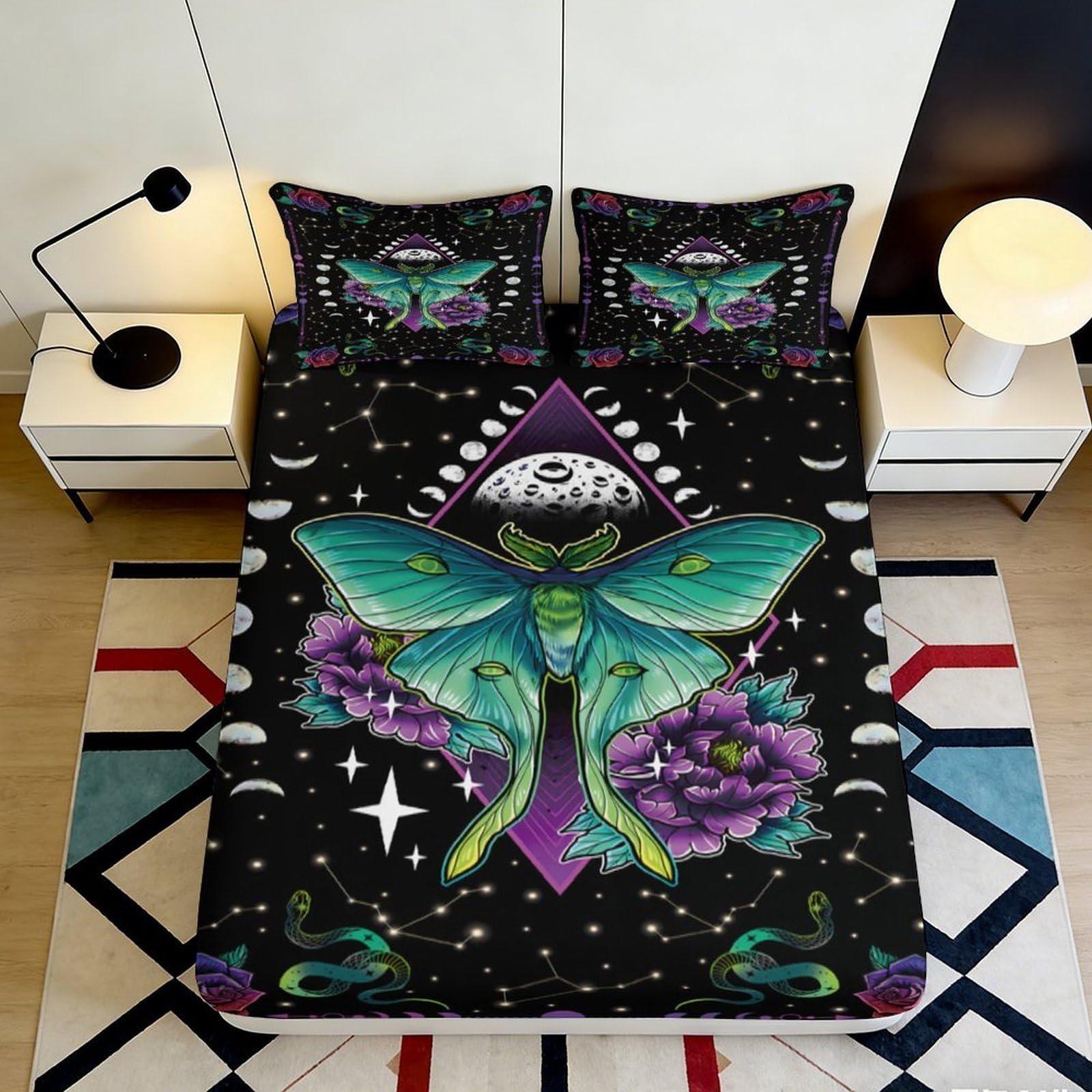3D Printed Mystic Moth Fitted Sheet Microfiber Soft Breathable Moon Snake Bed Cover for Bedroom Guest Room Decor 160x200x25cm