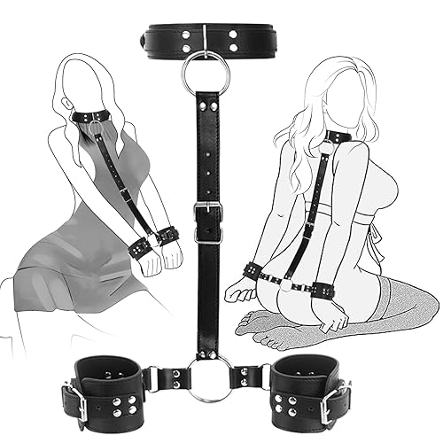 SEXY SLAVE Neck to Wrist Restraints kit, Adult Sex Toys Frisky Beginner Behind Back Handcuffs Collar, Adjustable Bondage Set, Couple SM Sex Game Tool(Black-1) - Black