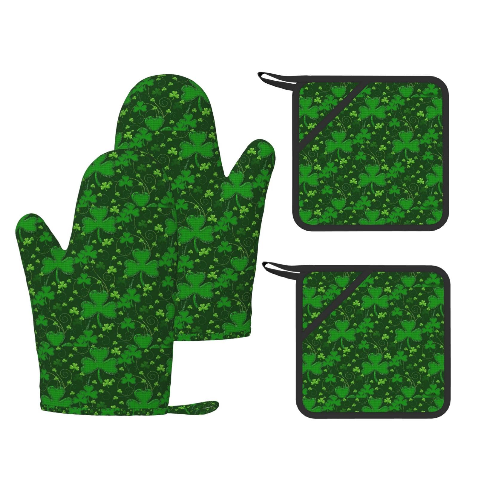 Nimongt Black Background St Patrick's Day Glitter Print Heat Resistant Gloves Pads Reusable Kitchen Set Oven Baking Grilling Cooking