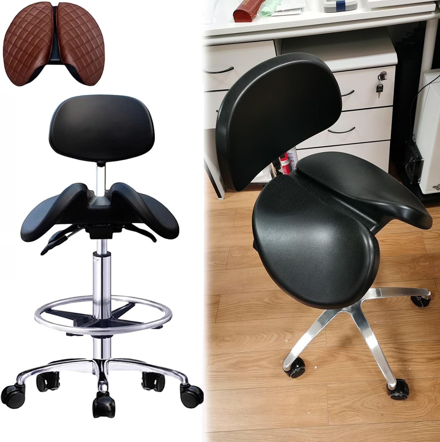 Saddle Chair Ergonomic Office Stool with Backrest & Footrest, Pu Leather Saddle Swivel Chair Improve Posture, Standing Work Desk Stool for Clinic/Tattoo,48-63cm (18.9-24.8in)