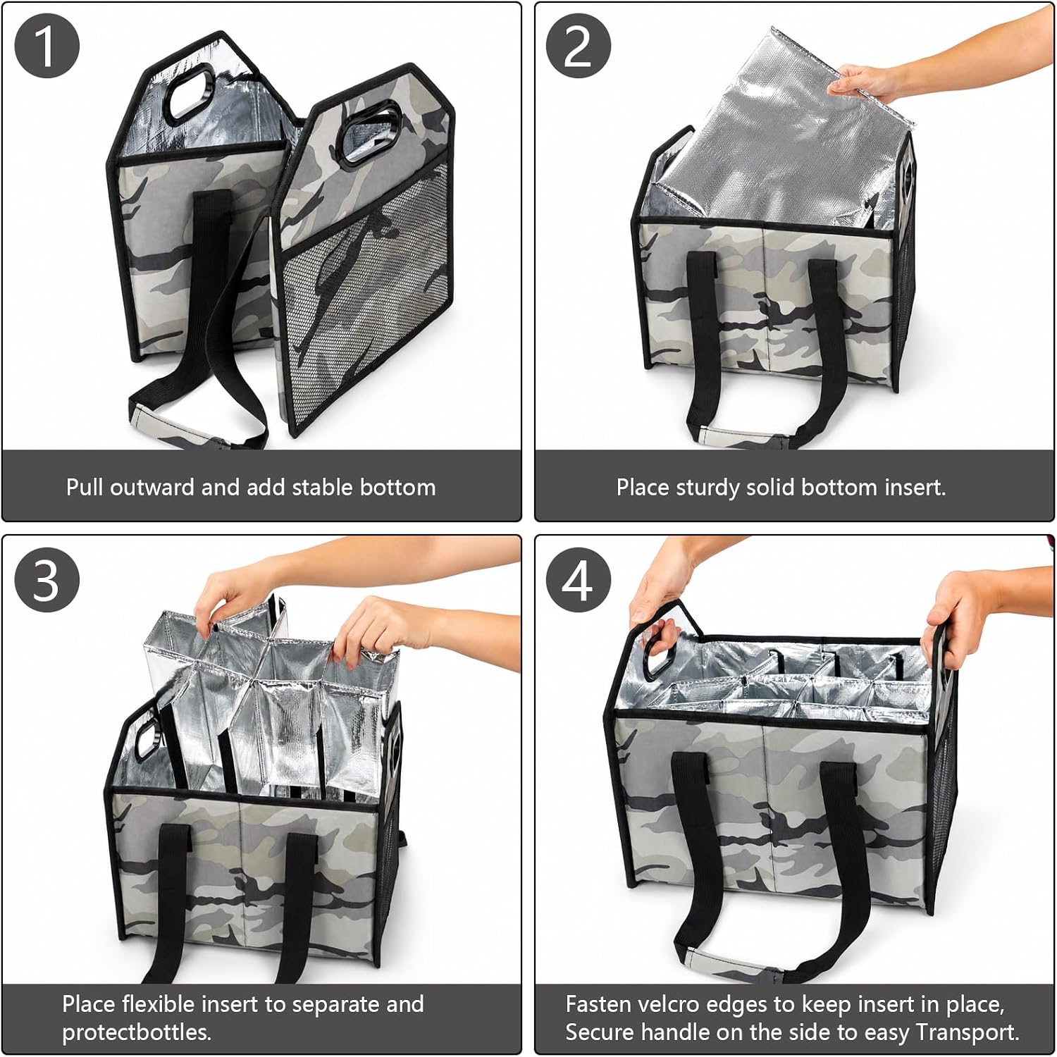 Collapsible 12 Bottle Wine Carrier with Dividers Reusable Portable Wine Tote Bag Handles Strap, Durable Wine Storage Box for Travel, Moving, Picnic, Grocery Shopping (Light Gray Camo, 12 Bottle) image 4