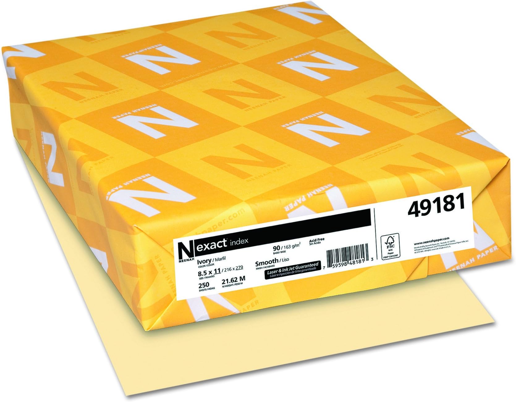 Neenah Wausau Exact Index Cardstock, 90 lb, 8.5 x 11 Inches, Pastel Ivory, 250 Sheets (49181)