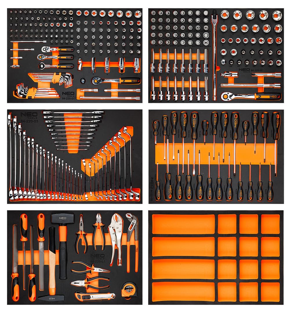 NEO TOOLS PRO wózek warsztatowy wyposażony w 329 części, 7 szuflad, profesjonalna szafka narzędziowa, stal SPCC, aluminiowy blat roboczy, wkładki EVA, nośność 300 kg