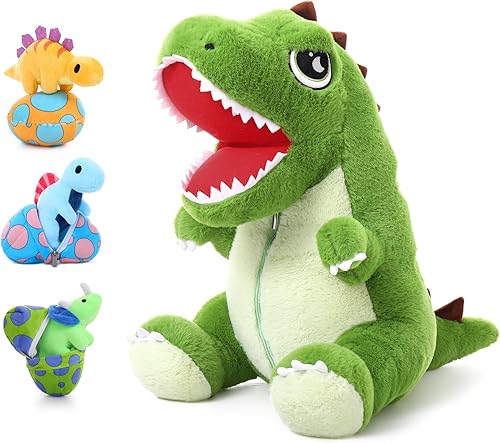 MaoGoLan 7 piezas de animales de peluche de dinosaurio para niños, 20 pulgadas de peluche de dinosaurio verde gigante con bebés en el interior,