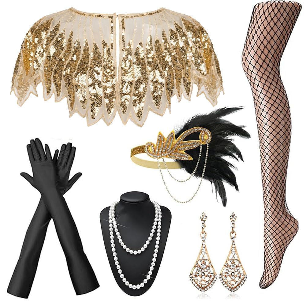 mefound 1920s Flapper Accessories for Women Great Gatsby Accessories Roaring 20s Theme Set with Shawl Headband Gloves Necklace Earrings Socks Ladies Charleston Fancy Dress Up for Retro Party Halloween
