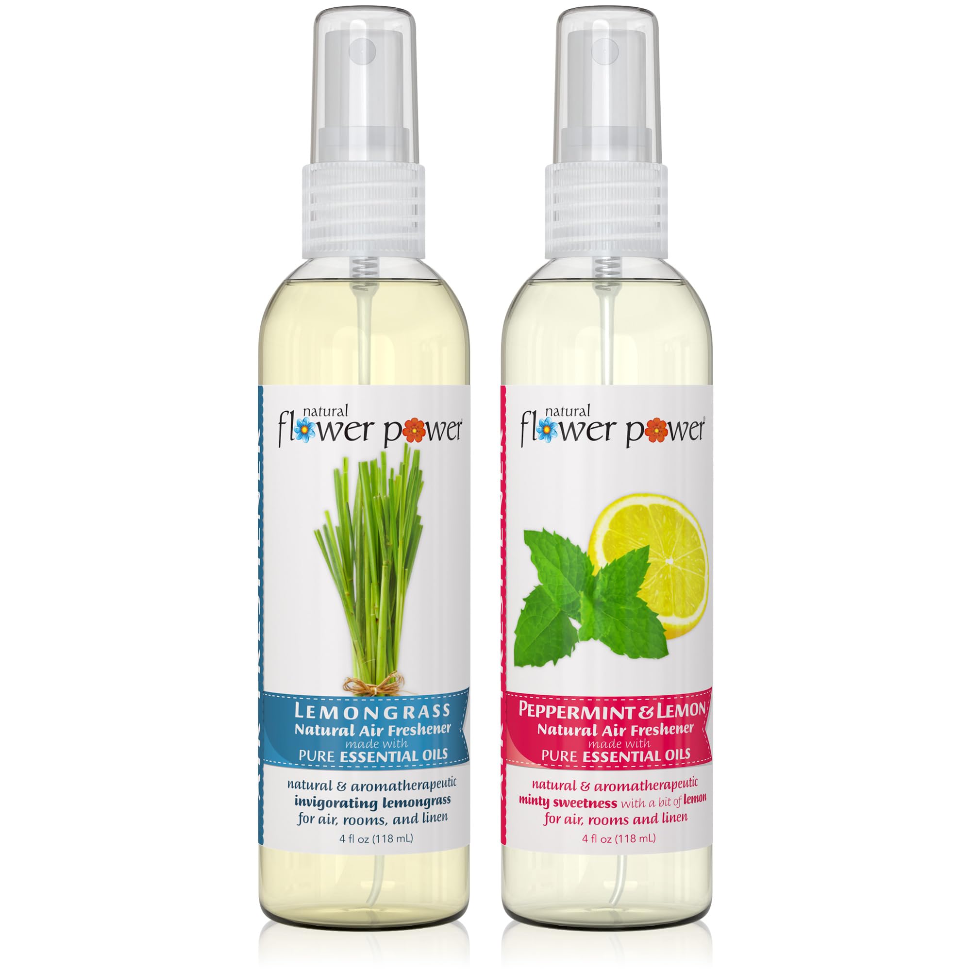Natural Flower Power Air Freshener Spray - Odor Eliminator w/Essential Oils - Home, Car &amp; Fabric - Cruelty Free &amp; Vegan - Variety Pack - Lemongrass and Peppermint &amp; Lemon - 2 x 4 fl oz