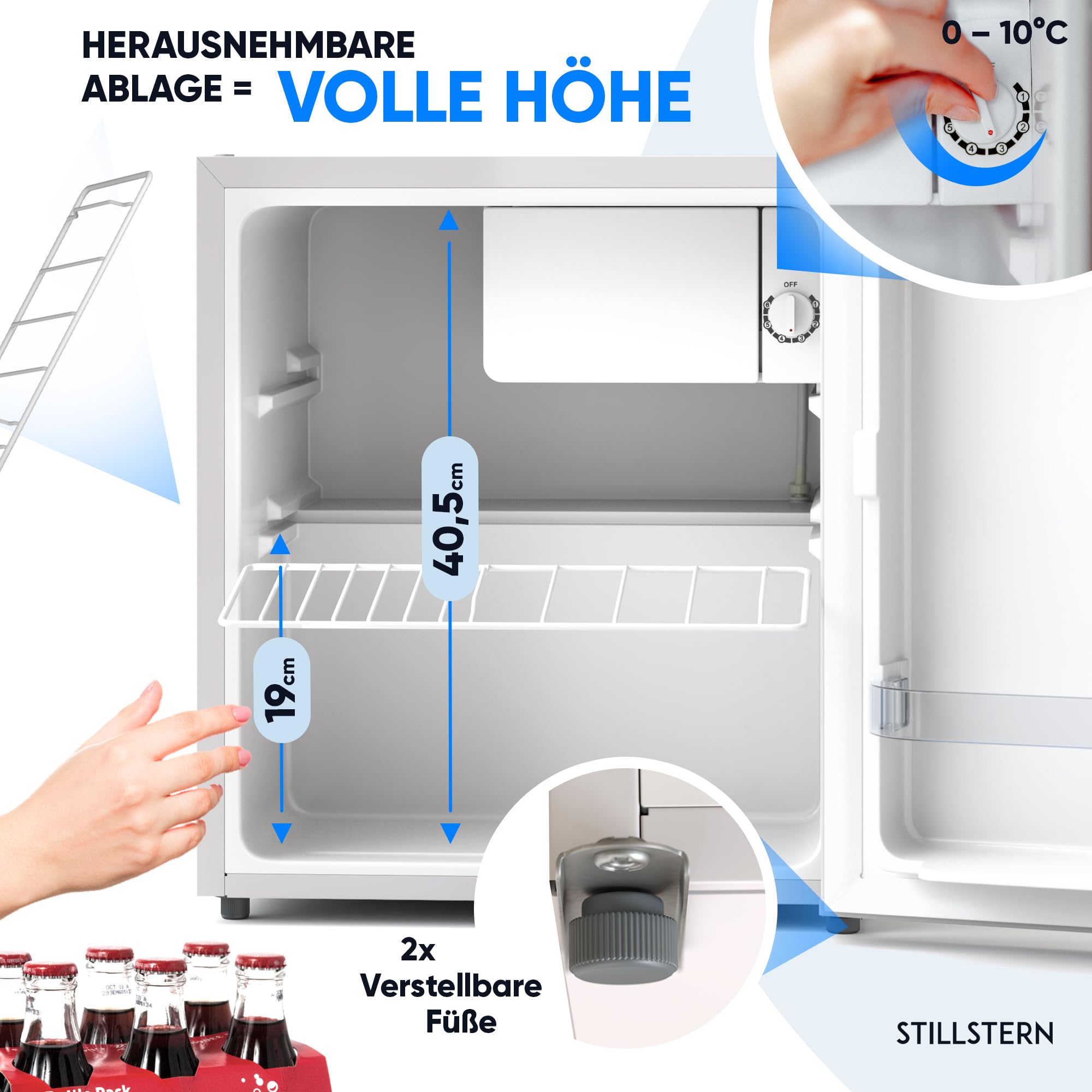 Stillstern Mini Kühlschrank E 45L mit Abtauautomatik, Schloss, Frostfach, Leise, Ideal für Küche, Büro, Schlafzimmer, Hotels und kleine Wohnungen Kühlschrank klein Minibar Getränkekühlschrank Weiß