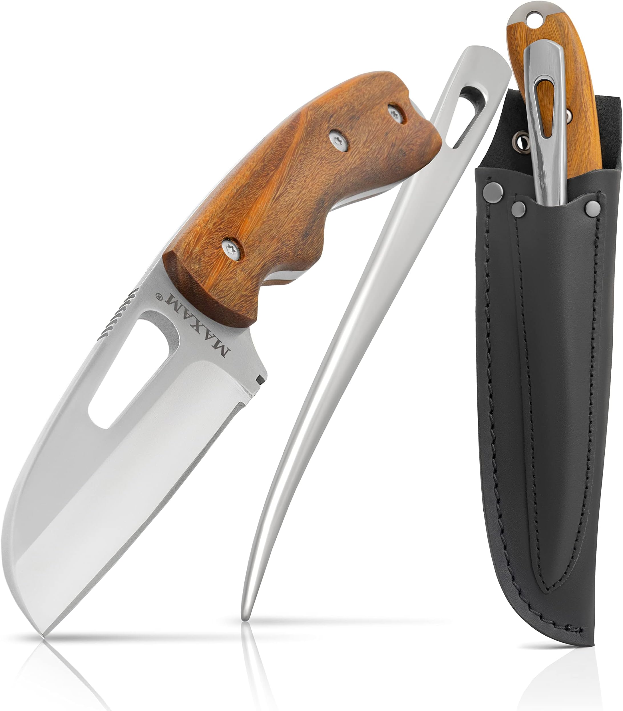 Maxam 8.5 Inch Rigging Knife with Marlinspike - Full-Tang German Stainless Steel Fixed Blade, Teak Wood Handle - Sailor's Marlin Spike Knife Kit with Leather Sheath